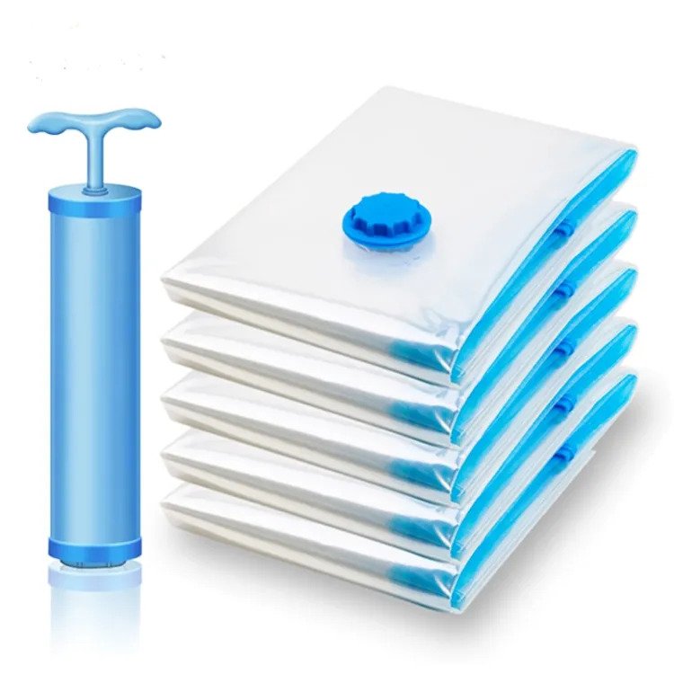 5PCS Reusable Ziplock Vacuum Storage Space Saver Bags With Travel Hand Pump For Clothes 5PCS Reusable Ziplock Vacuum Storage Space Saver Bags With Travel Hand Pump For Clothes
